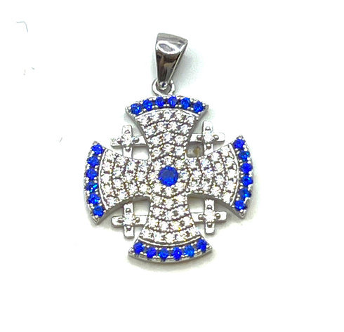 Sterling Silver Pave Stone Jerusalem Cross Pendant
